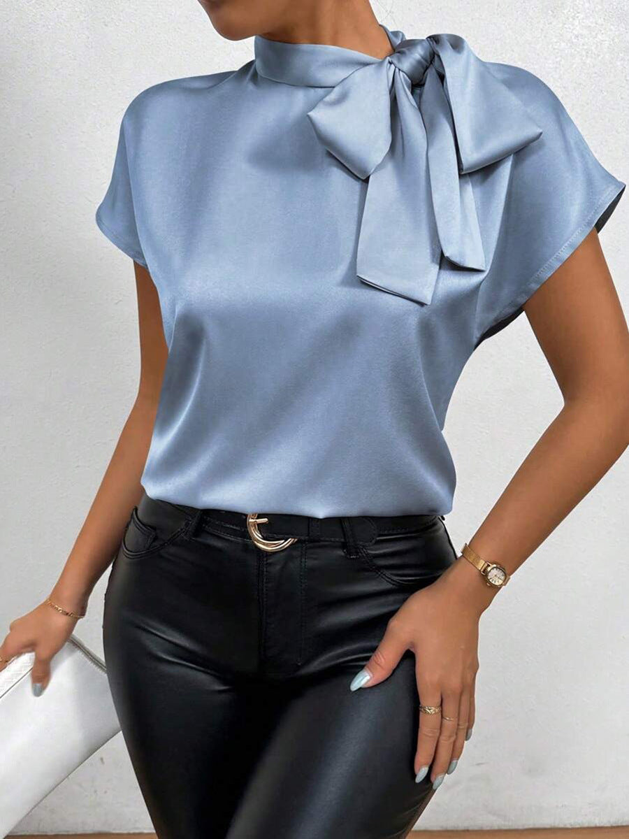 Kurzarmbluse Satin, Hochgeschlossen, Schleife, Eleganter Schnitt