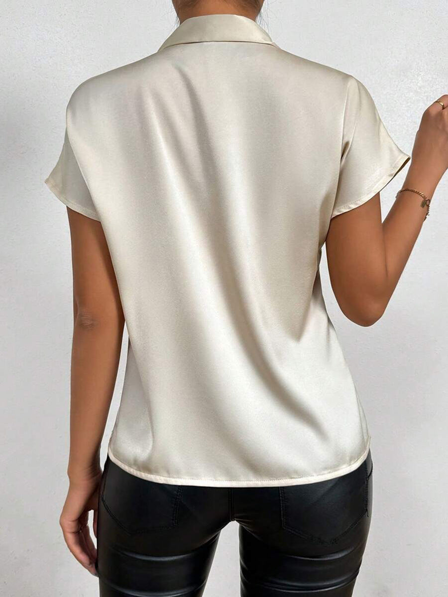 Kurzarmbluse Satin, Hochgeschlossen, Schleife, Eleganter Schnitt