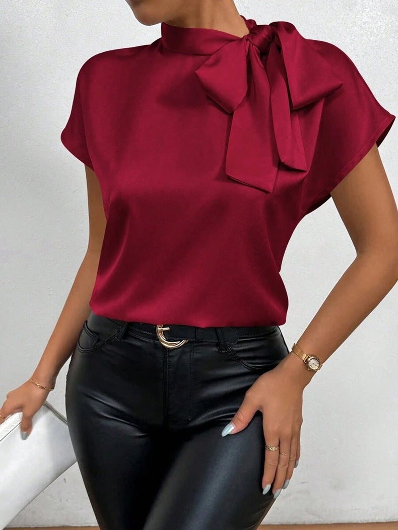 Kurzarmbluse Satin, Hochgeschlossen, Schleife, Eleganter Schnitt