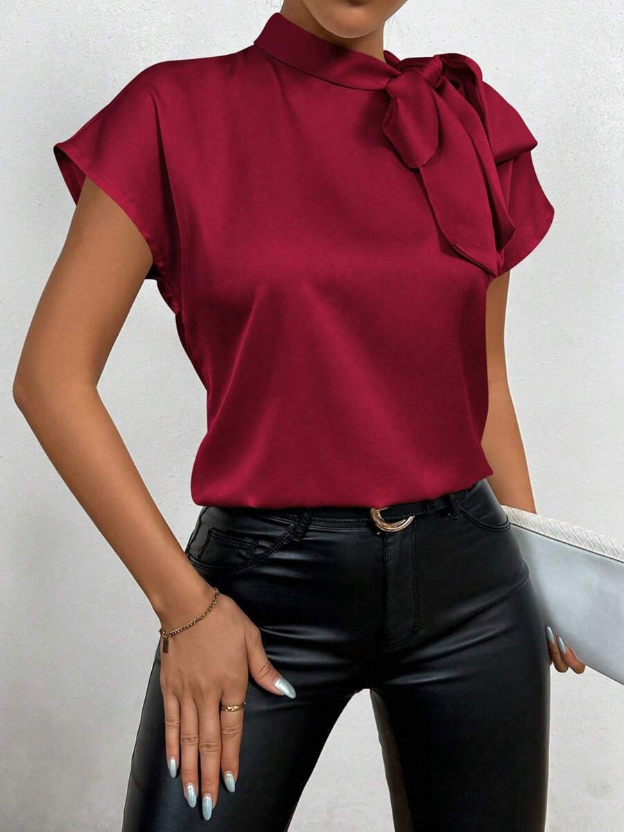 Kurzarmbluse Satin, Hochgeschlossen, Schleife, Eleganter Schnitt
