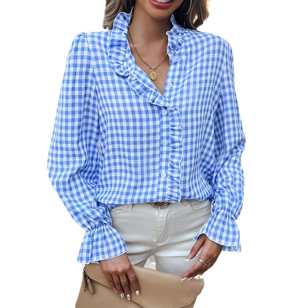 Damen Karo-Bluse mit Rüschen und Knopfleiste