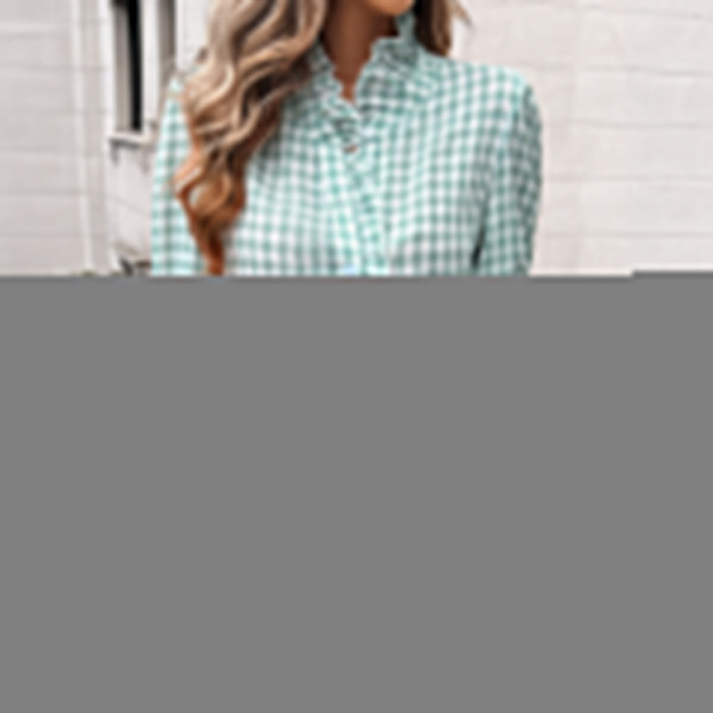 Damen Karo-Bluse mit Rüschen und Knopfleiste