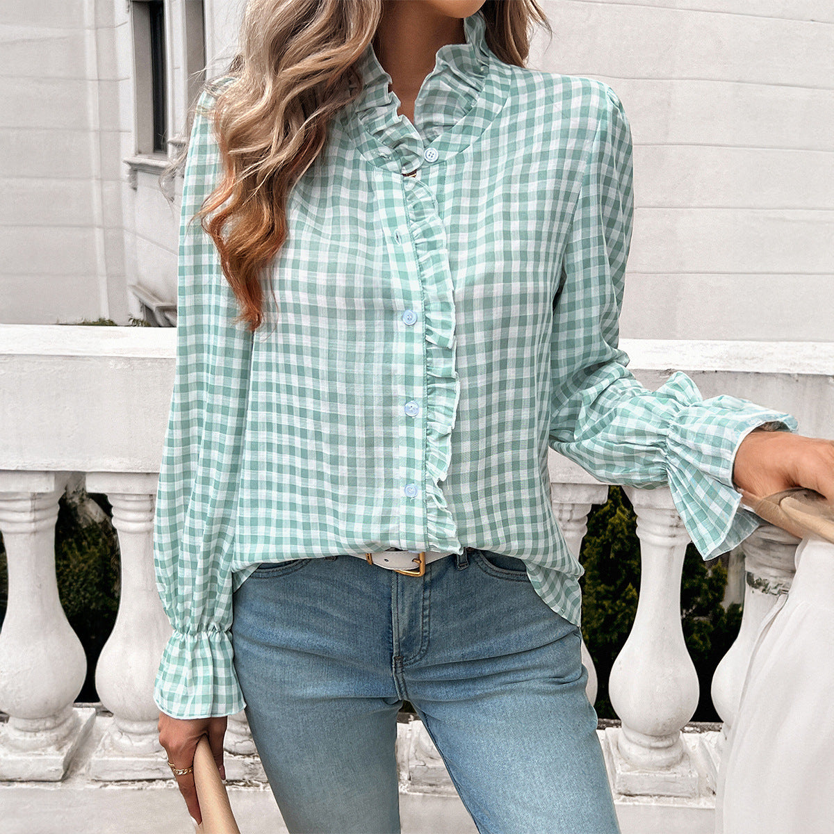 Damen Karo-Bluse mit Rüschen und Knopfleiste