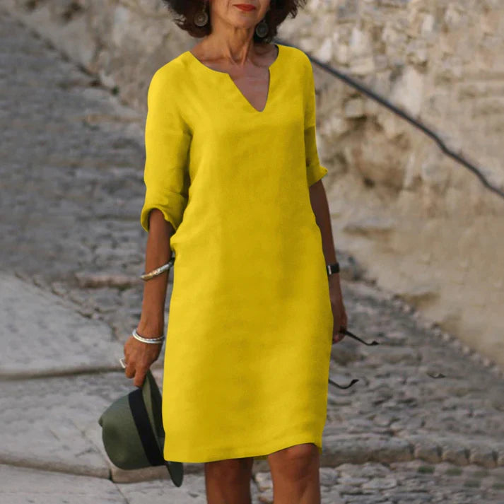 Elegantes Leinen Sommerkleid mit V-Ausschnitt