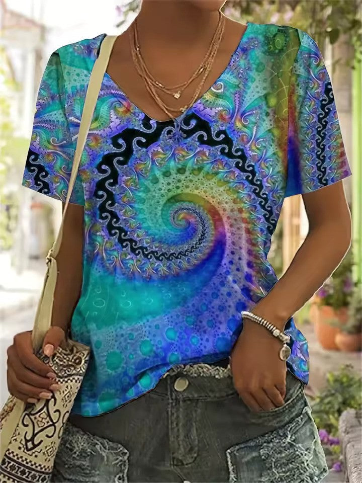 Damen Retro V-Ausschnitt T-Shirt - Legerer Schnitt