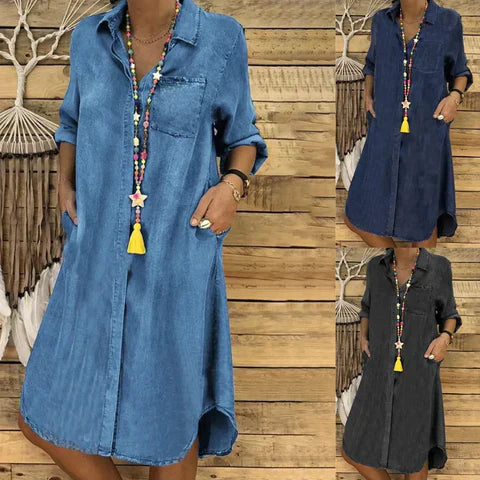 Jeans-Midi-Kleid mit Umschlagärmeln und Brusttasche