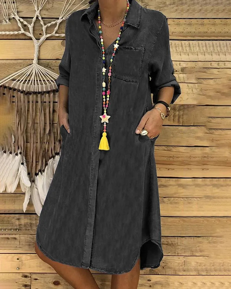 Jeans-Midi-Kleid mit Umschlagärmeln und Brusttasche