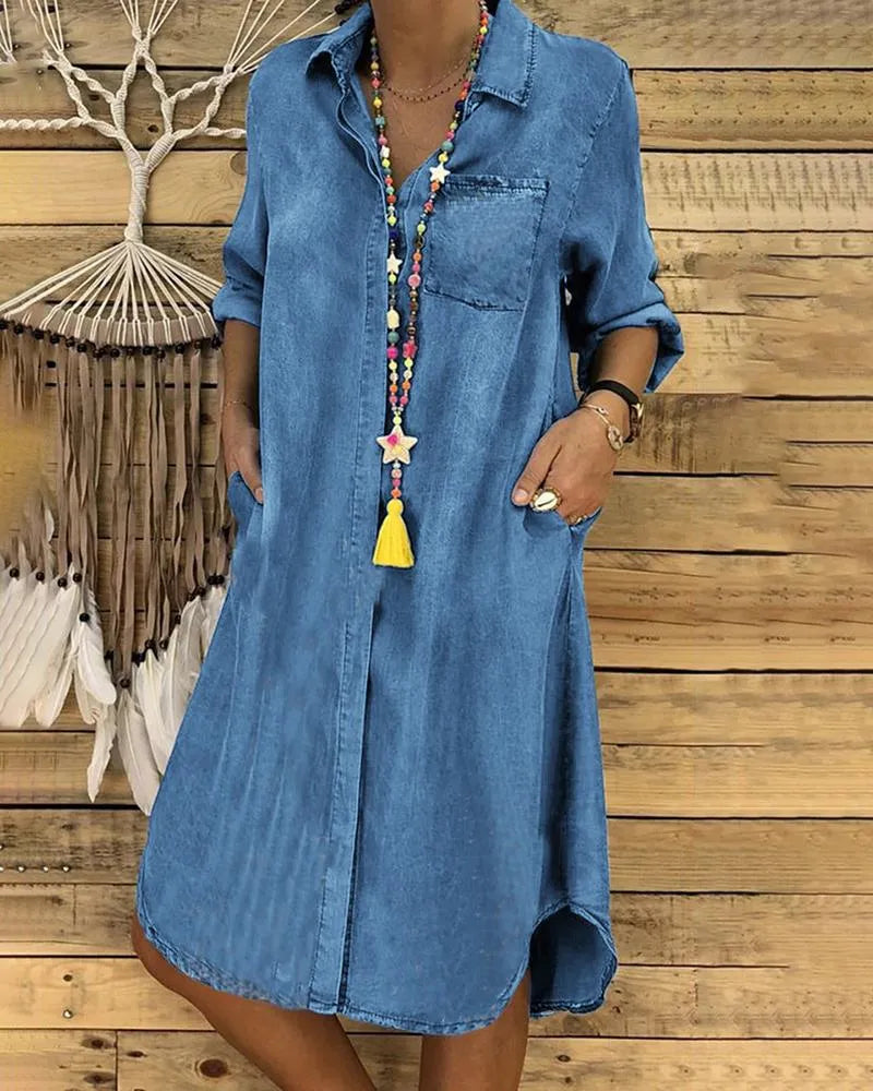 Jeans-Midi-Kleid mit Umschlagärmeln und Brusttasche