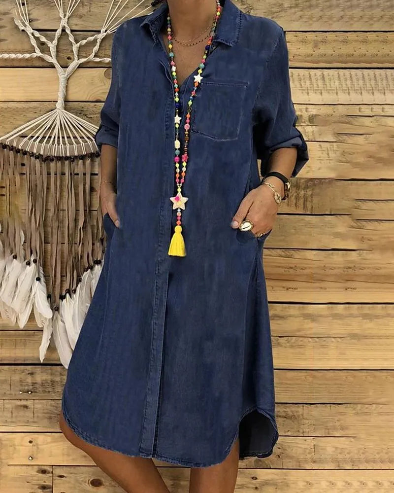 Jeans-Midi-Kleid mit Umschlagärmeln und Brusttasche
