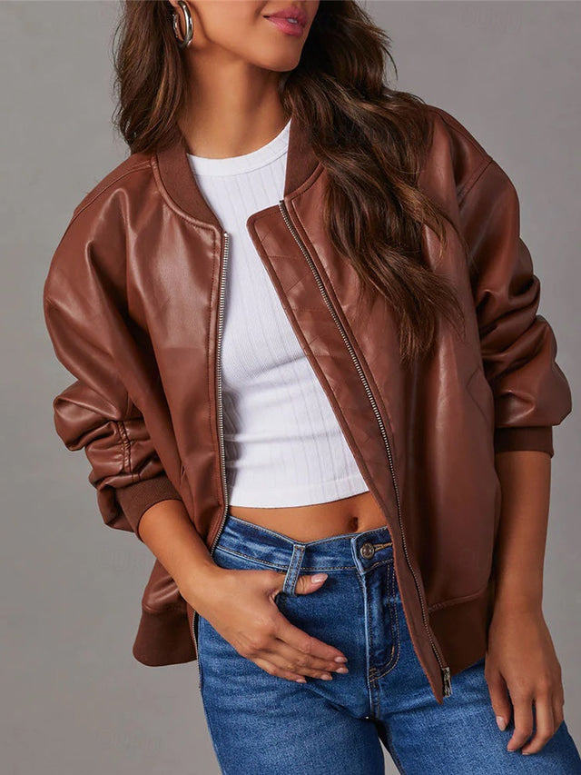 Damen Lederjacke - Lockerer Schnitt - Herbst Bomberjacke