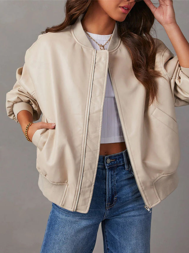Damen Lederjacke - Lockerer Schnitt - Herbst Bomberjacke