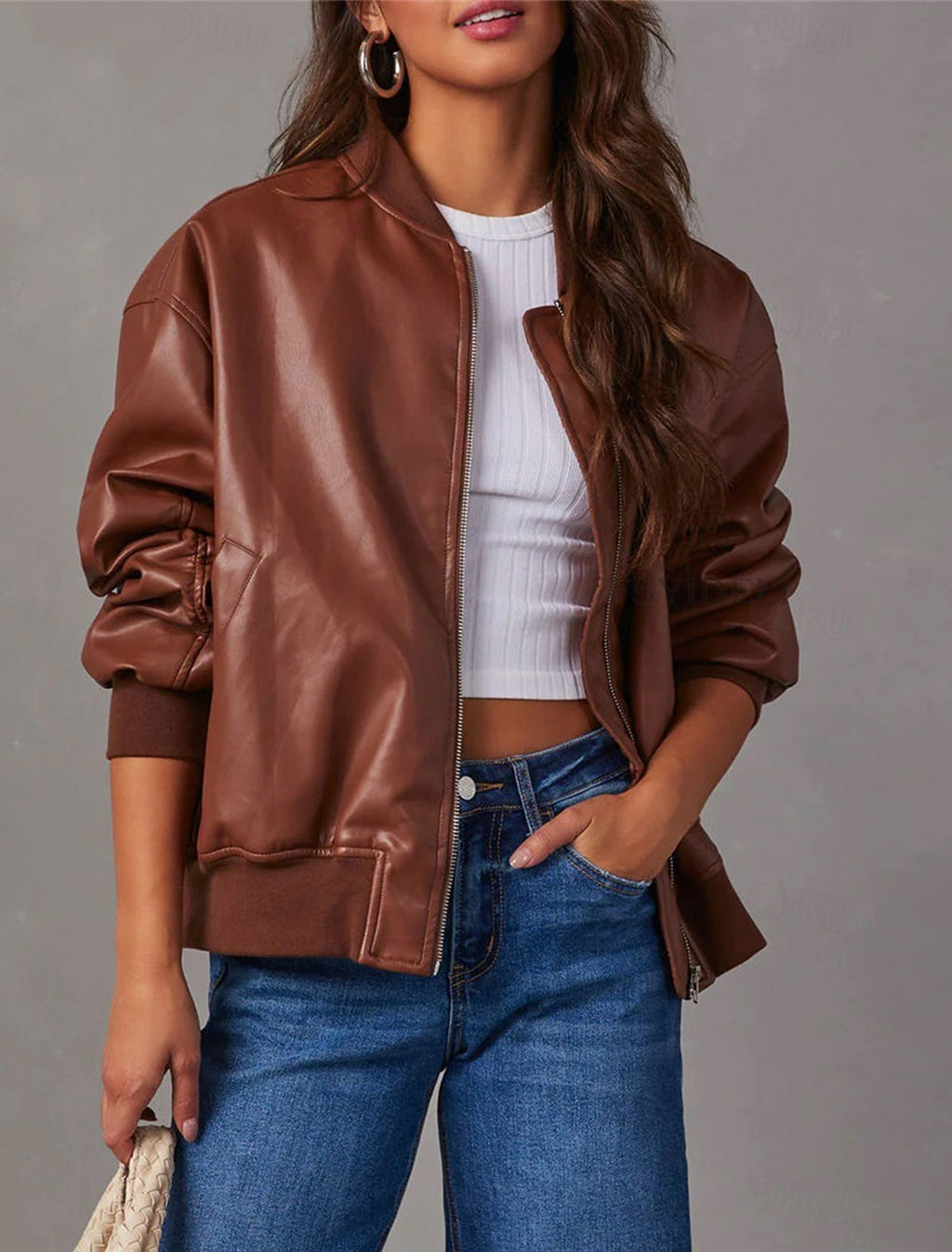 Damen Lederjacke - Lockerer Schnitt - Herbst Bomberjacke