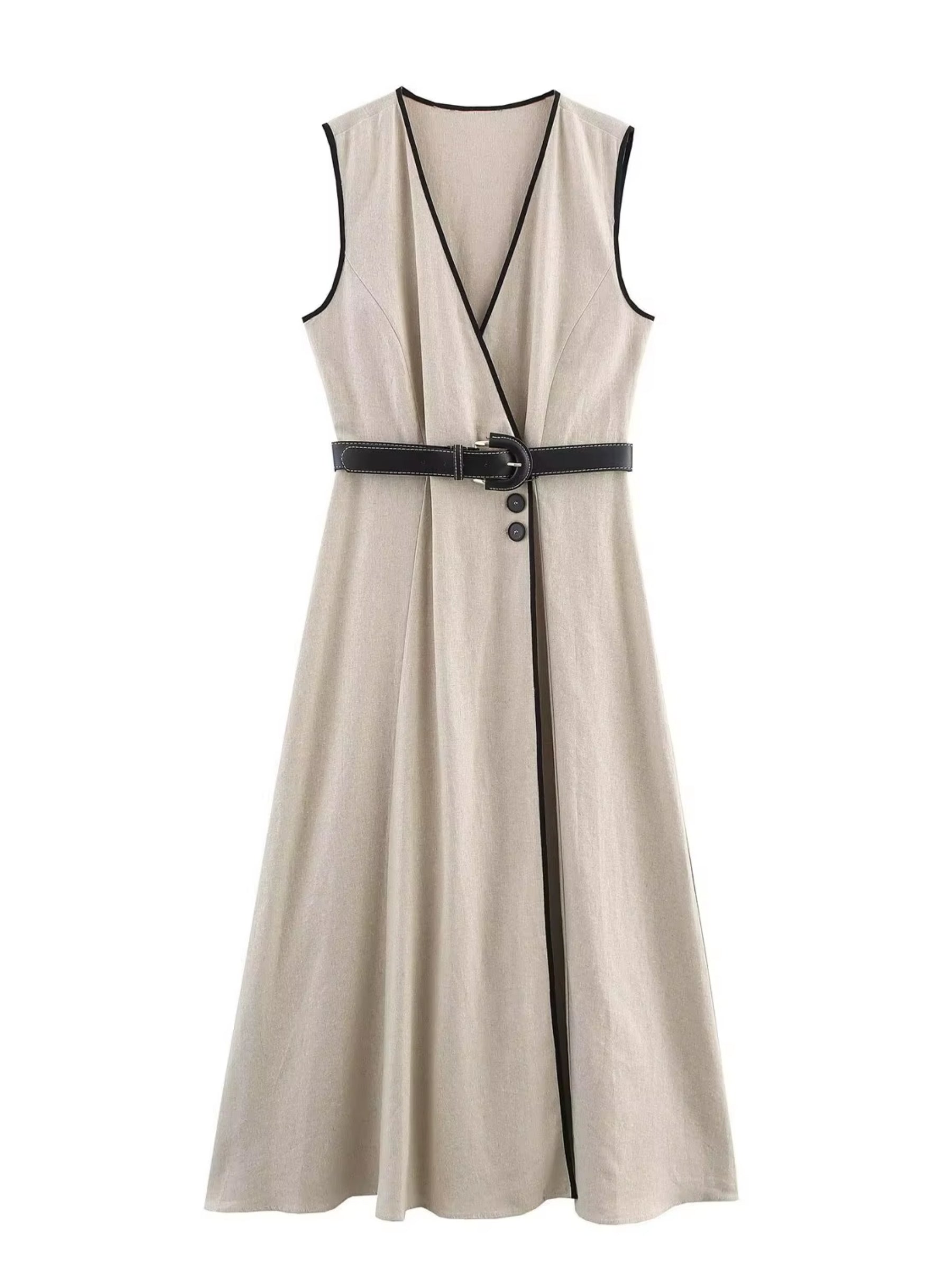 Summer Dress 2025: Elegant, tailored V-neck midi dress with belt – Rottsento
