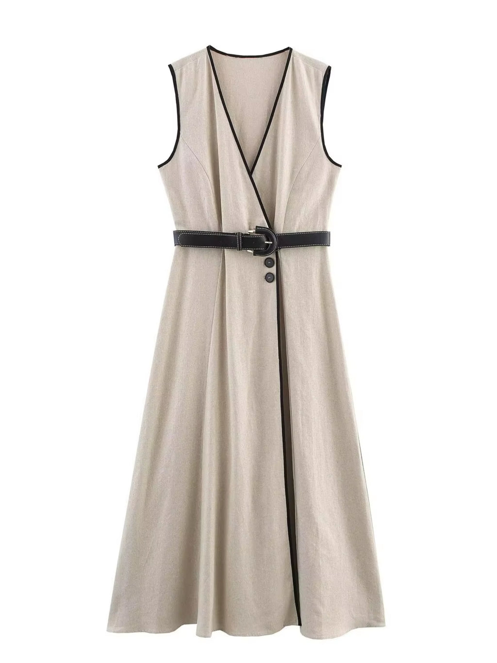 Sommerkleid 2025: Elegantes, tailliertes V-Ausschnitt-Midikleid mit Gürtel