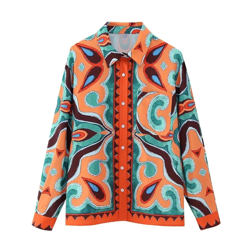 Damen Vintage Bluse Langarm Abstrakte Prints Casual Oberteil