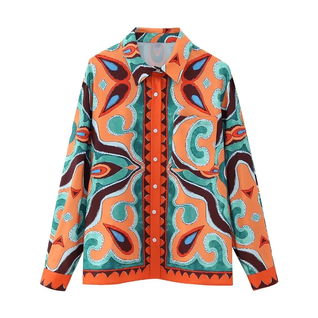 Damen Vintage Bluse Langarm Abstrakte Prints Casual Oberteil