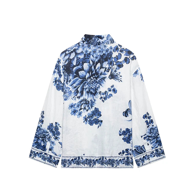 Damen Vintage Bluse mit langem Arm, Druckmuster, Reverskragen