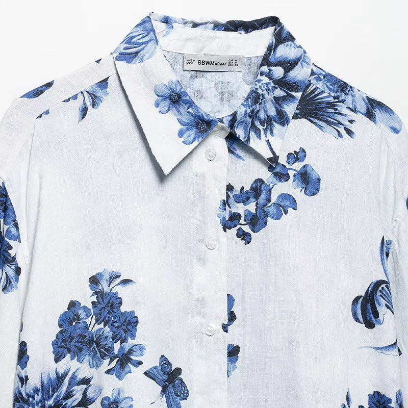 Damen Vintage Bluse mit langem Arm, Druckmuster, Reverskragen