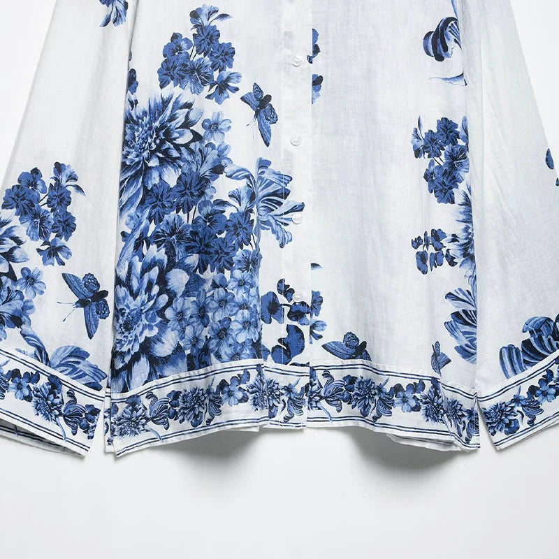 Damen Vintage Bluse mit langem Arm, Druckmuster, Reverskragen