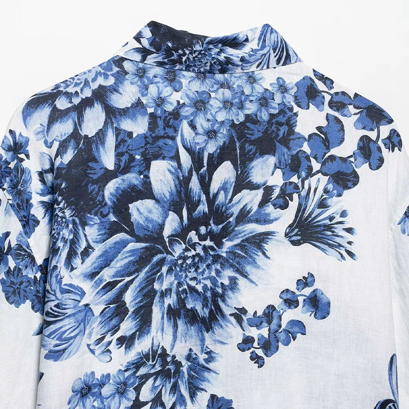 Damen Vintage Bluse mit langem Arm, Druckmuster, Reverskragen