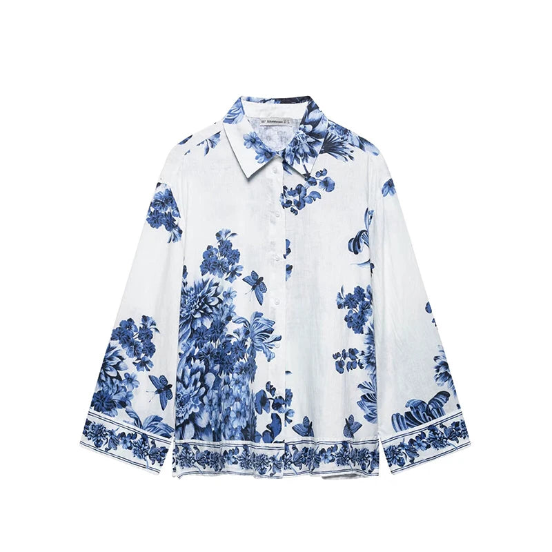 Damen Vintage Bluse mit langem Arm, Druckmuster, Reverskragen