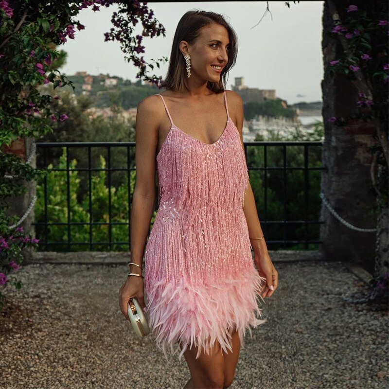 Samba Cocktailkleid Glitzerndes Paillettenkleid mit Federn
