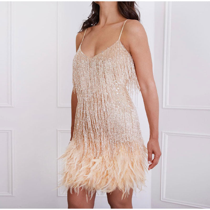 Samba Cocktailkleid Glitzerndes Paillettenkleid mit Federn