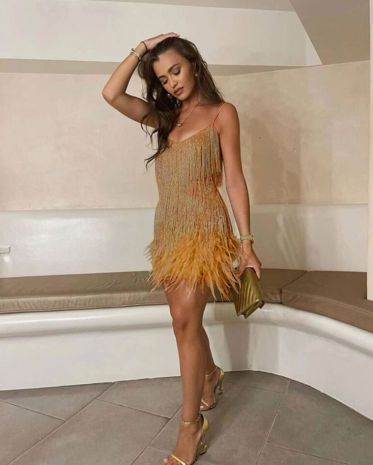 Samba Cocktailkleid Glitzerndes Paillettenkleid mit Federn
