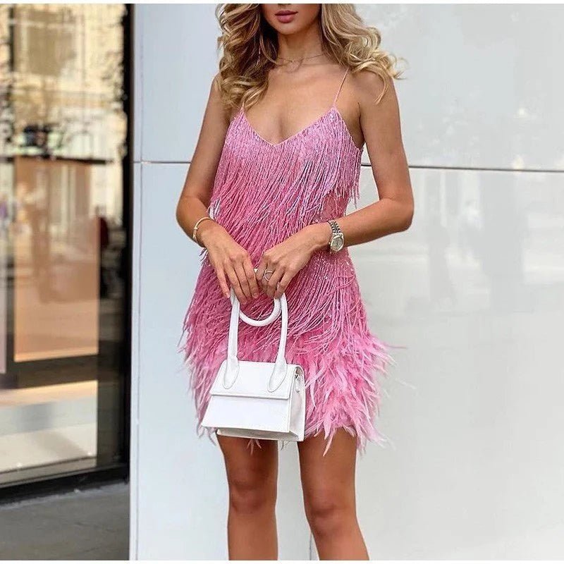 Samba Cocktailkleid Glitzerndes Paillettenkleid mit Federn